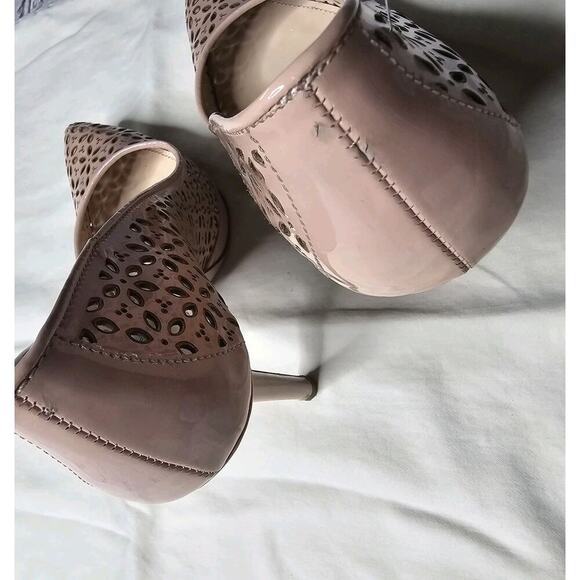 Prada Womens Vernice Cipria Blush Nude Pink Laser Cut Floral High Heels 38.5 - Picture 10 of 15